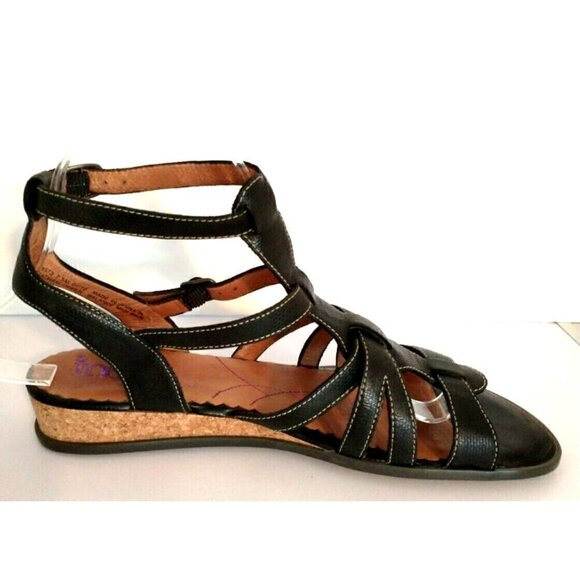 Indigo by Clarks Shoes - Indigo By Clarks Women Black Leather Double Ankle Strap Low Wedge Sandals -7.5 M
